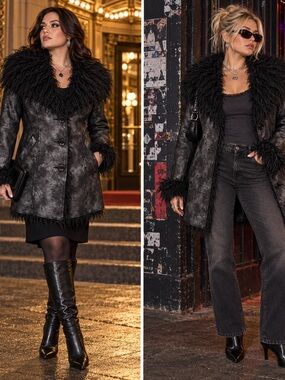 Y2K Mono Reno Black Reptile Faux Leather Fur Trim Goth Coat Medium